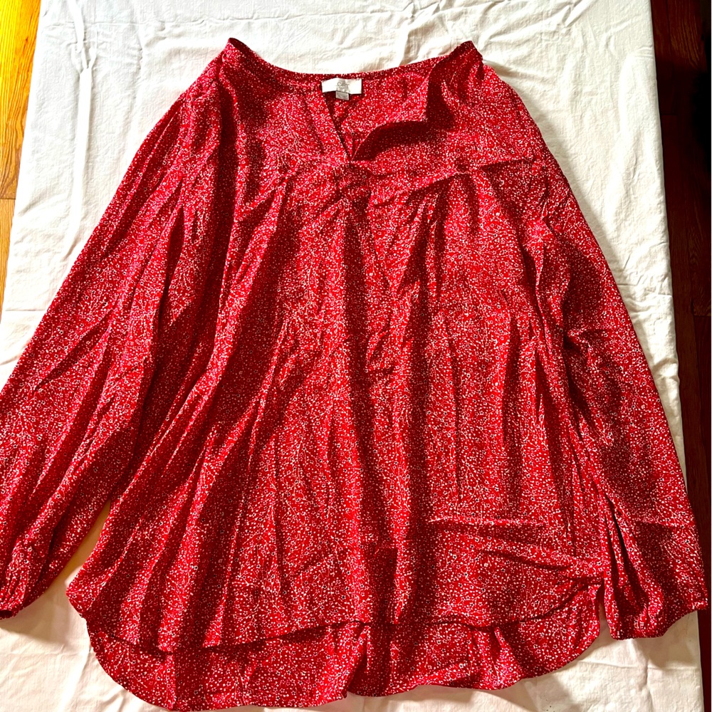 Red and navy blue floral blouse